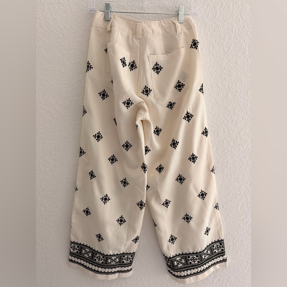 Cream Embroidered Wide-Leg Ankle Pants | Black Embroidery Boho Chic - Picture 3 of 6
